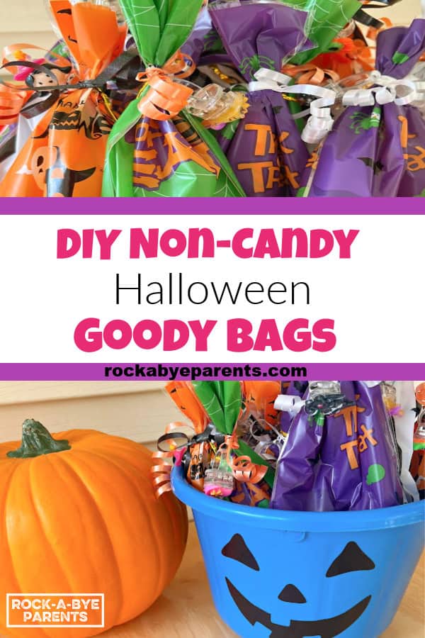Title image for blog post with a top and bottom image with center being blog post title of "DIY Non-Candy Halloween Goody Bags." Top image is a close up of a group of Halloween goody bags. Bottom image has a pumpkin along with a blue Halloween jack-o'-lantern bucket full of Halloween goody bags.